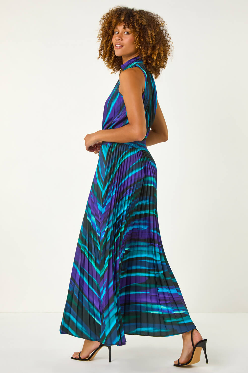 Purple Printed Halter Neck Pleat Shirred Midi Dress, Image 4 of 5
