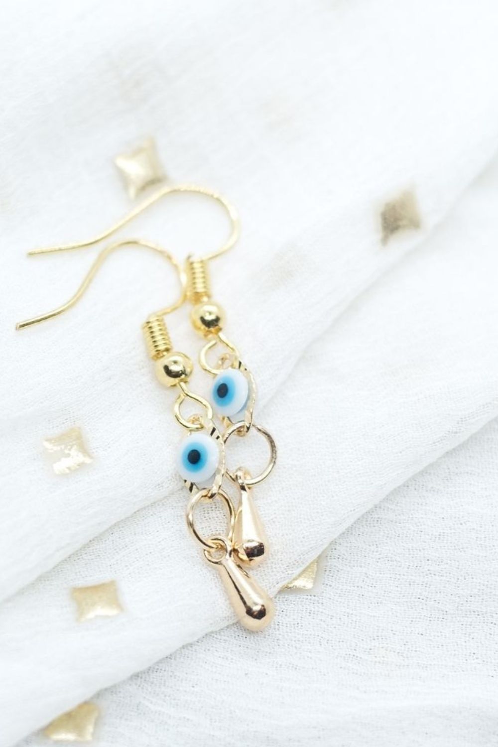 Gold Evil Eye Dangle Earrings Turkish Charm, Image 2 of 6