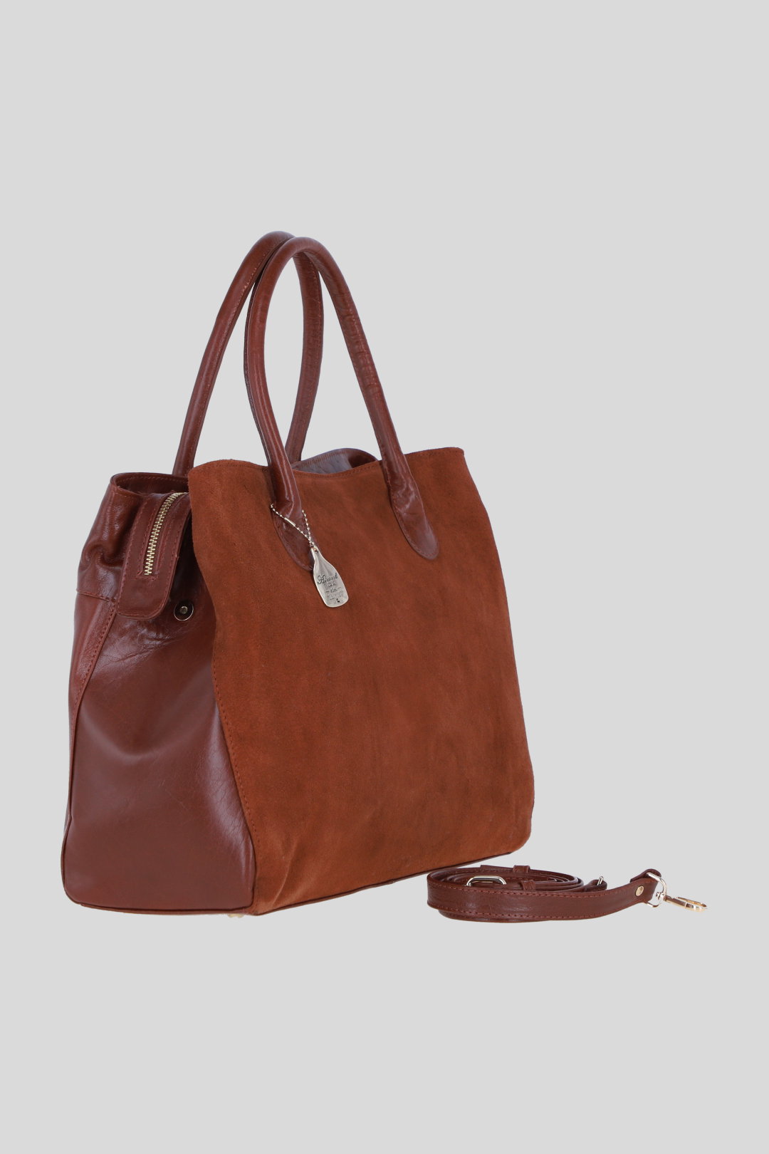 Tan Real Leather and Suede Large Handbag with Detachable Strap, Image 4 of 4