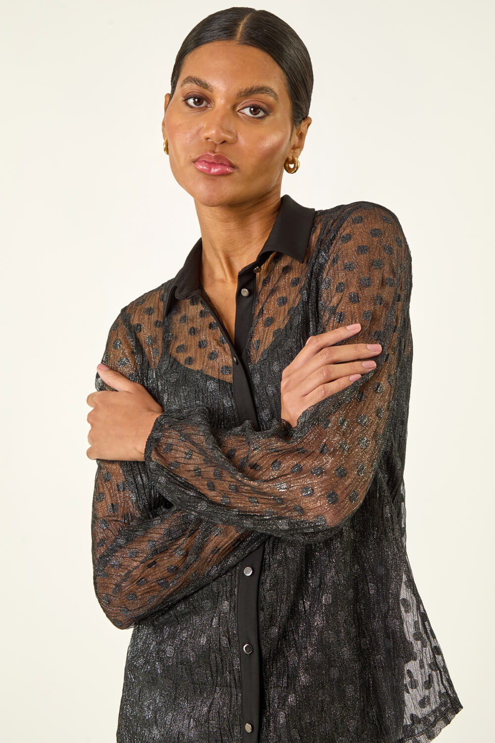 Black Dobby Plisse Button Up Blouse, Image 5 of 5