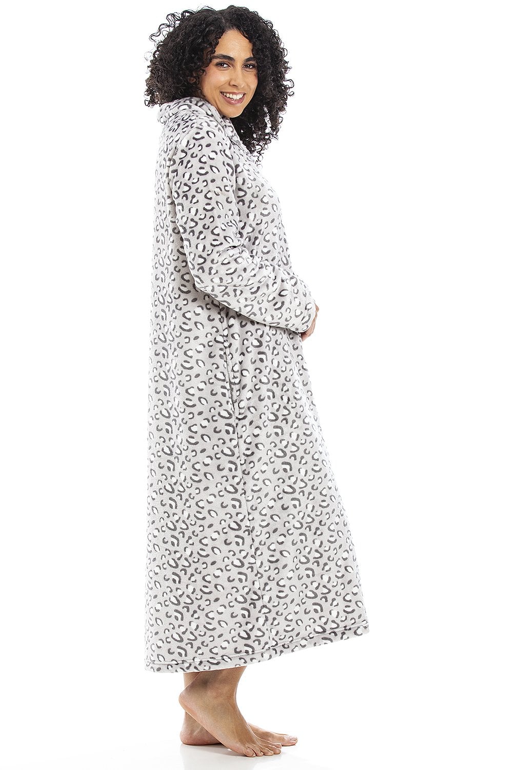 Light Grey Camille Lingerie Light Grey Supersoft Fleece Zip Up Animal Print Robes, Image 4 of 5