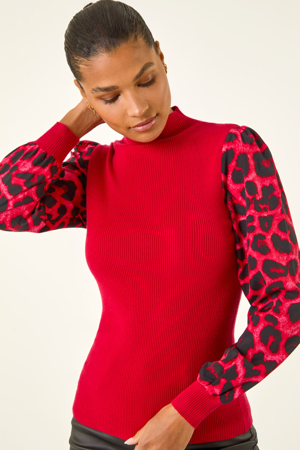 Red Animal Print Mesh Sleeve Knit, Image 5 of 5