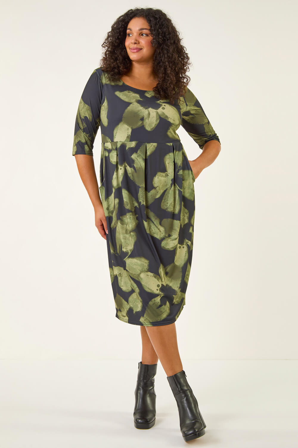Green Curve Floral Print Pocket Stretch Dress, Image 3 of 5