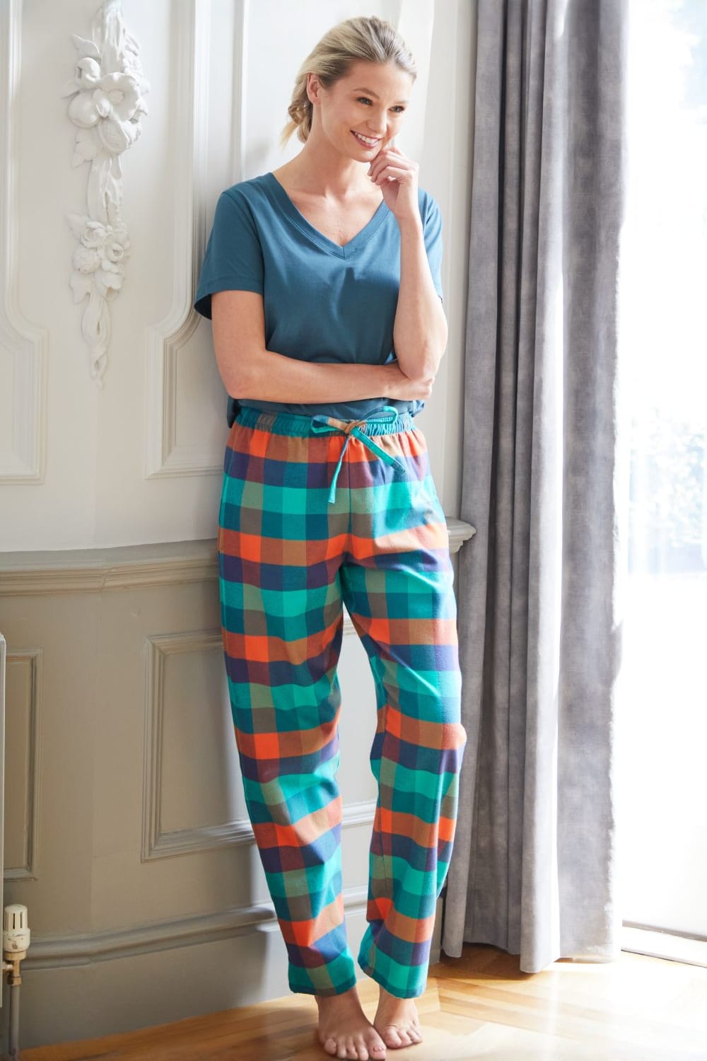 Multi "Acorn Squash" Check Brushed Cotton Pyjama Trousers, Image 1 of 2
