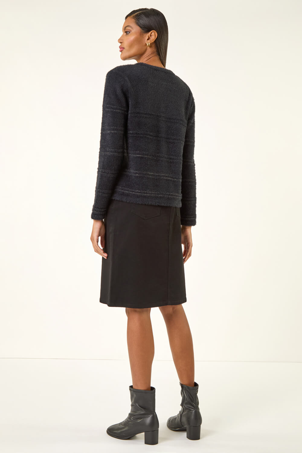 Black Fluffy Faux Pearl Knit Cardigan, Image 4 of 5