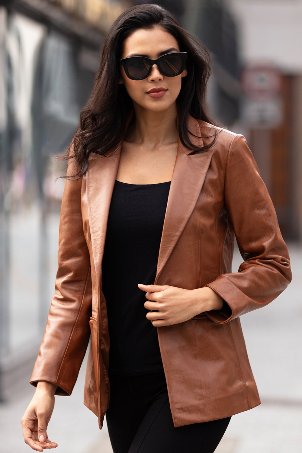 Tan 'Lucia' Real Leather Fashion Single Breasted Blazer, Image 1 of 5