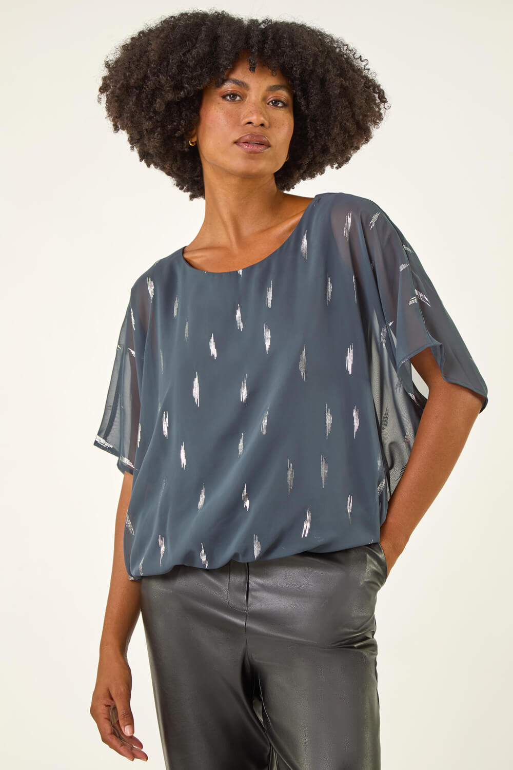 Grey Foil Print Bubble Hem Top, Image 1 of 5