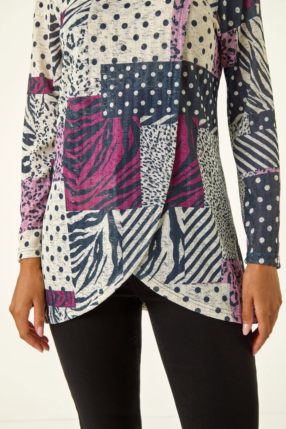 Burgundy Patchwork Print Cowl Neck Top, Image 6 of 5