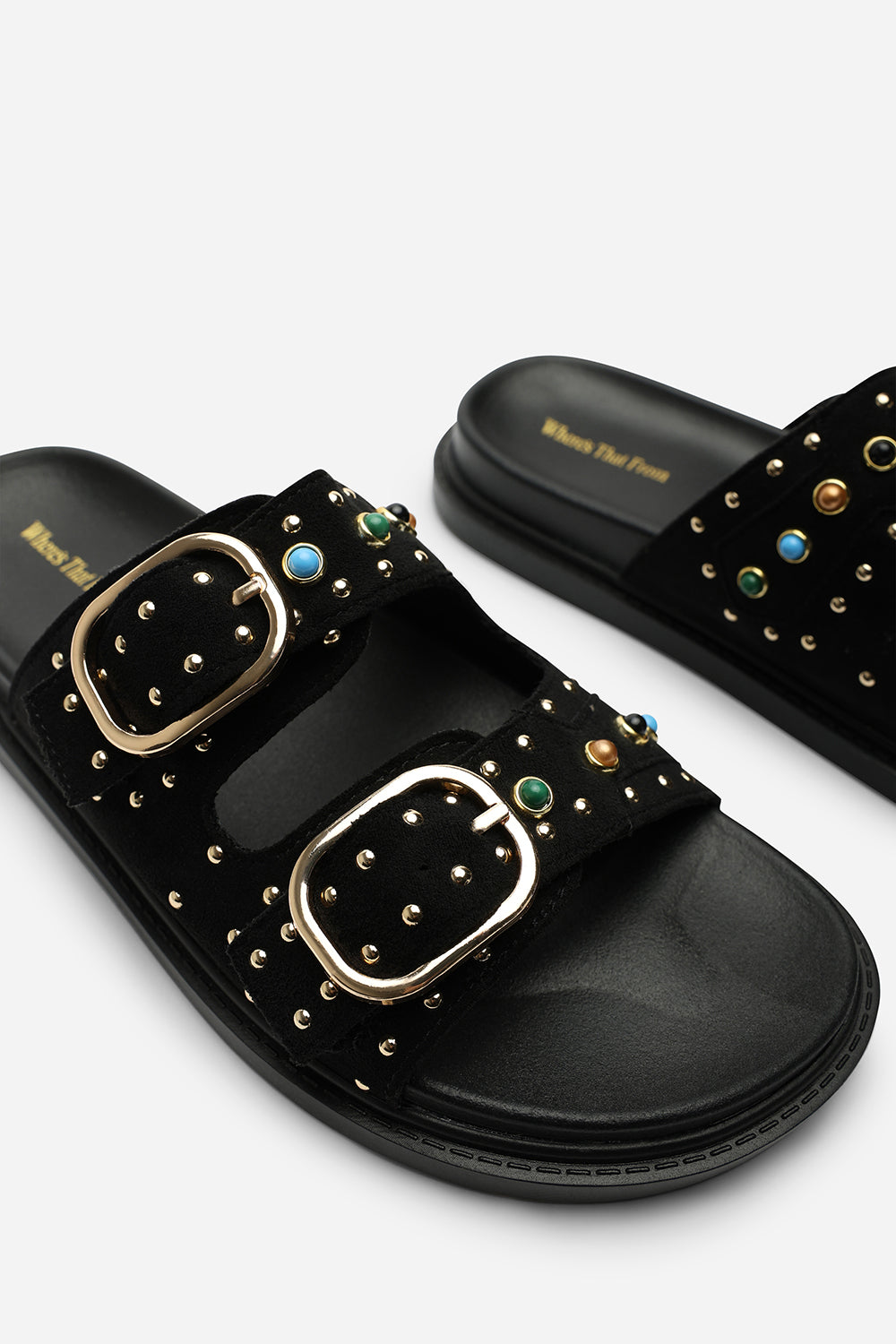 Black Ceylon Diamante Stud Double Buckle Slide On Sandal, Image 5 of 6