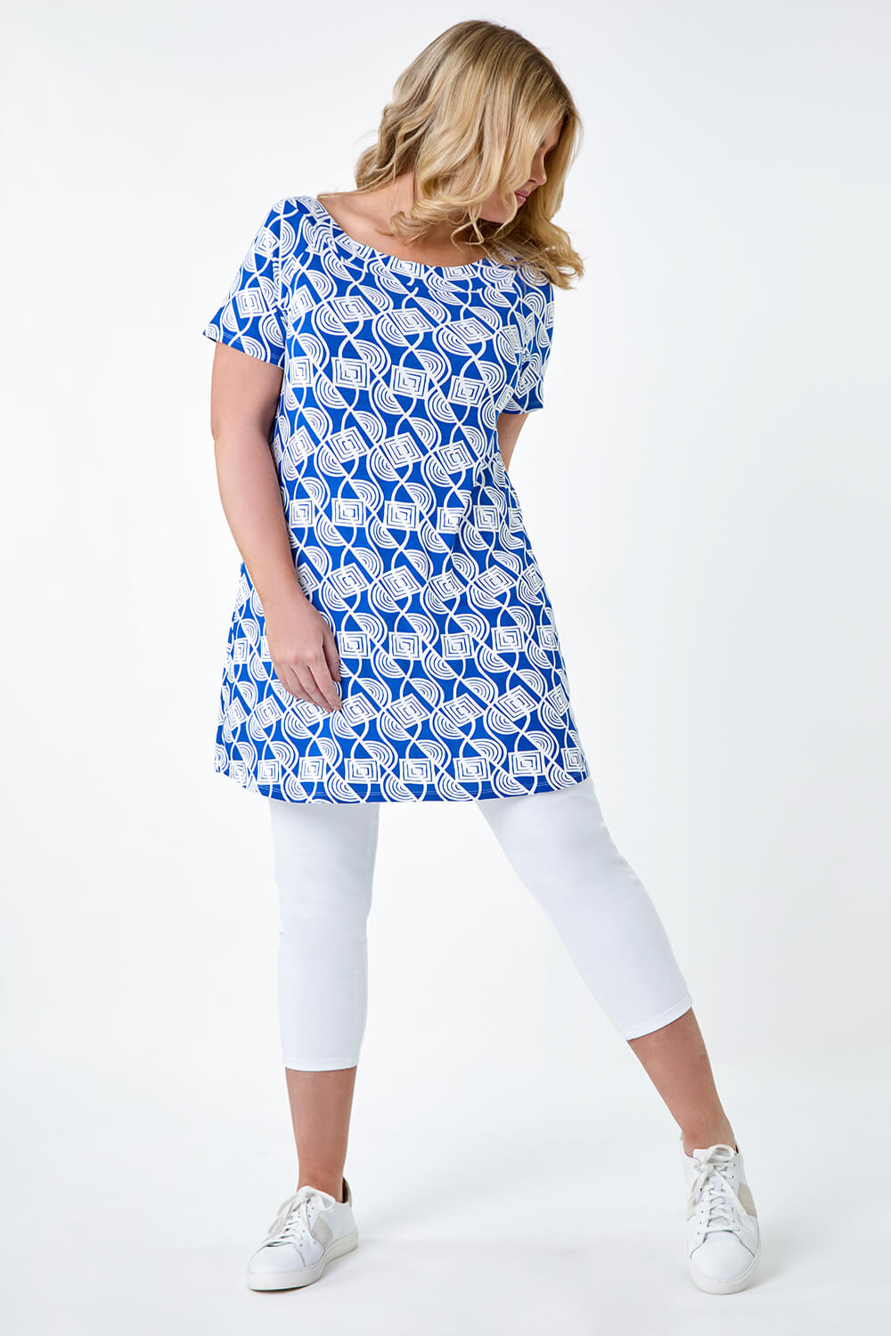 Blue Curve Geometric Print Stretch Tunic Top, Image 1 of 5