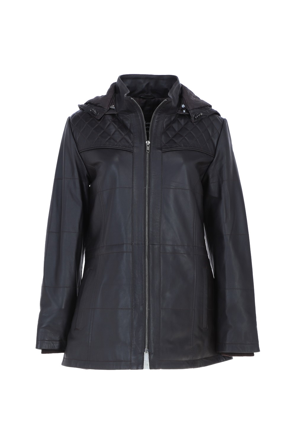 Brown Real Leather Hooded Duffle Jacket, Image 2 of 6