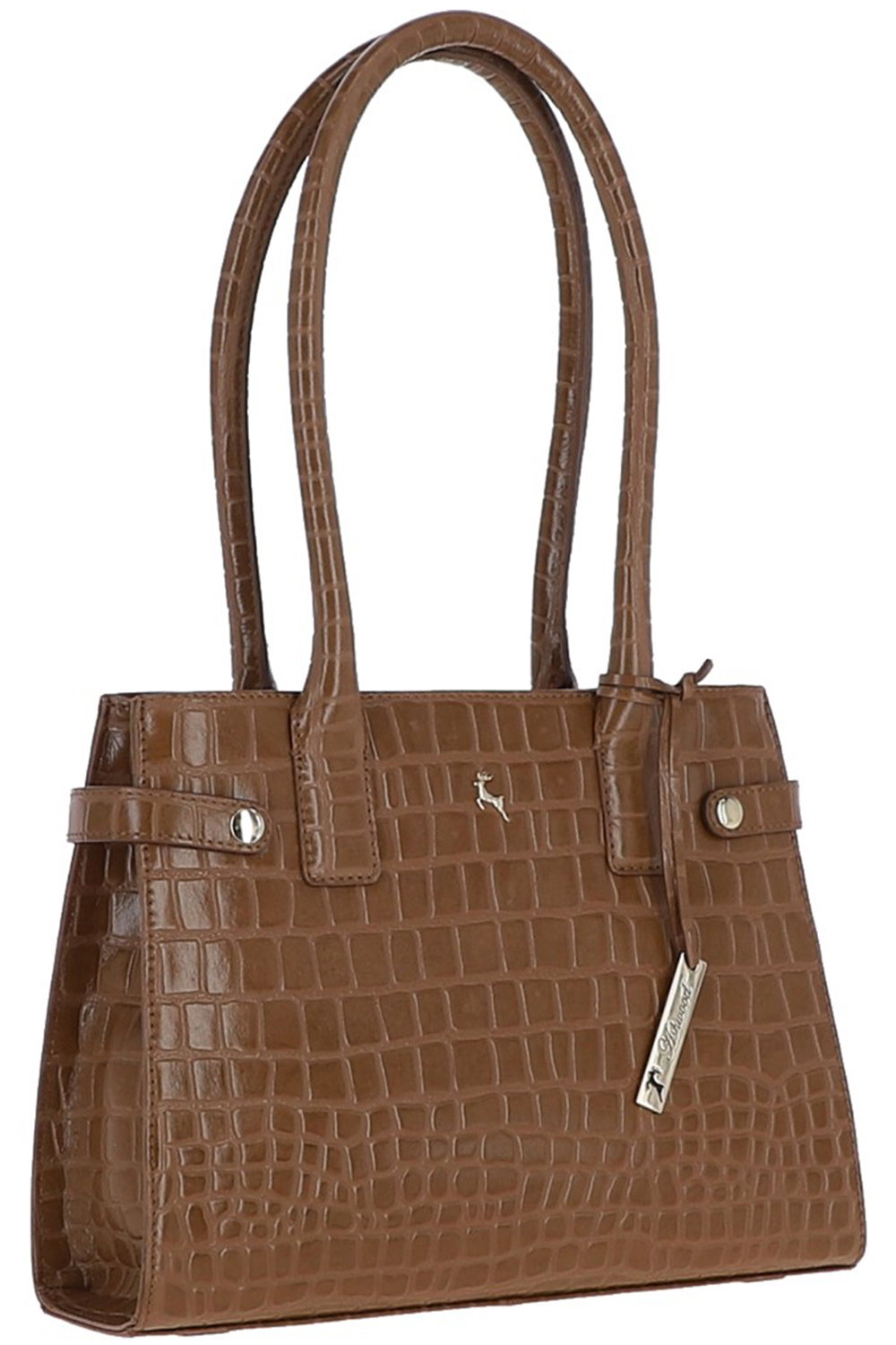 Tan Two Section Croc Print Real Leather Tote Bag, Image 2 of 3
