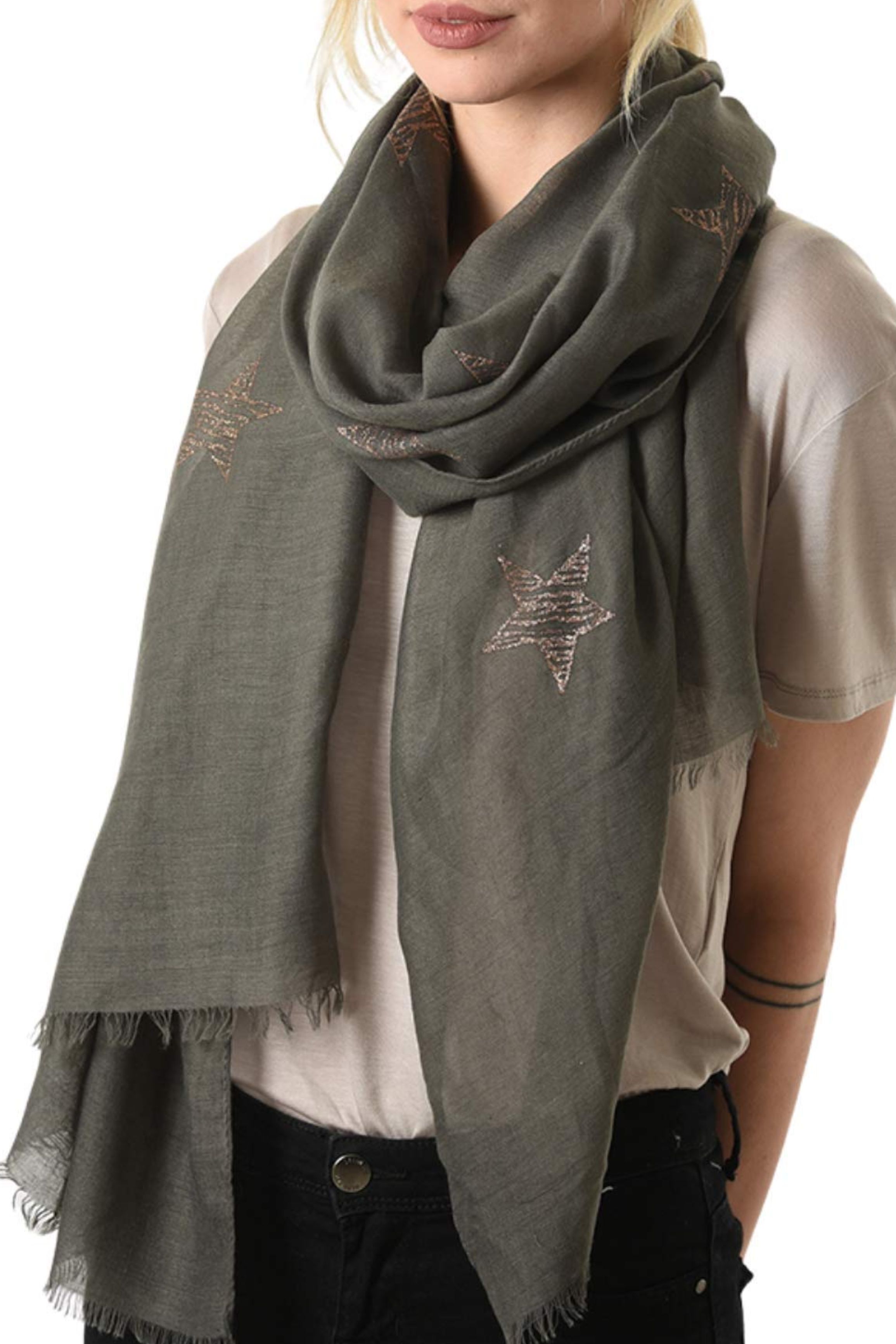 Dark Grey Rose Gold Glitter Star Lightweight Scarf, Image 1 of 3