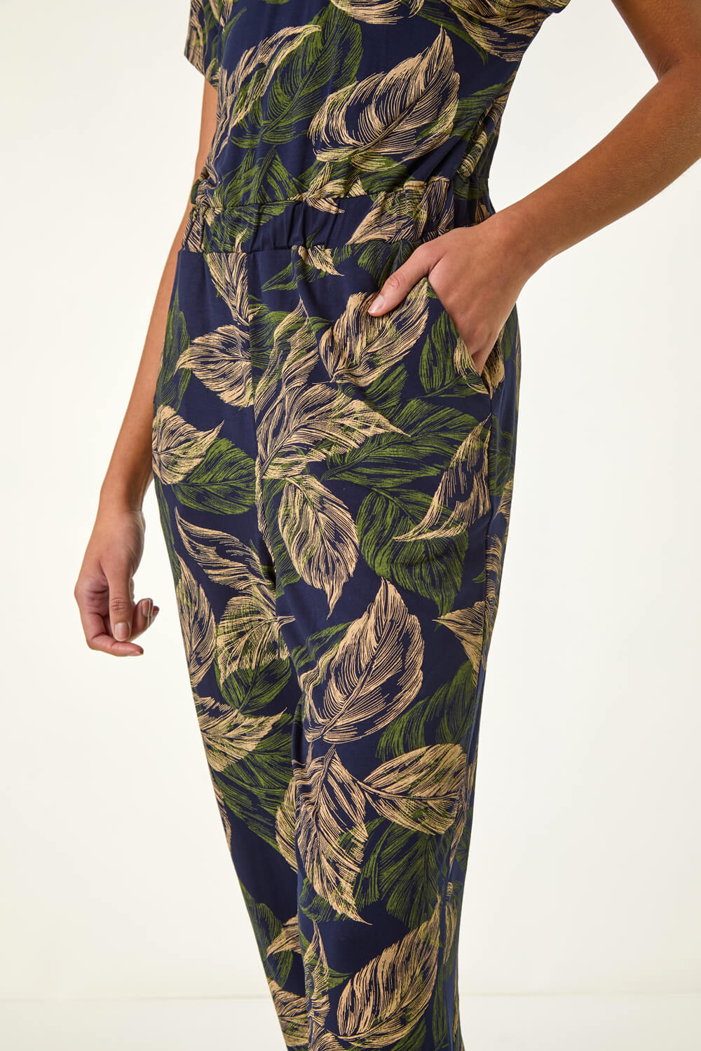 Navy Leaf Print V-Neck Jumpsuit, Image 6 of 5