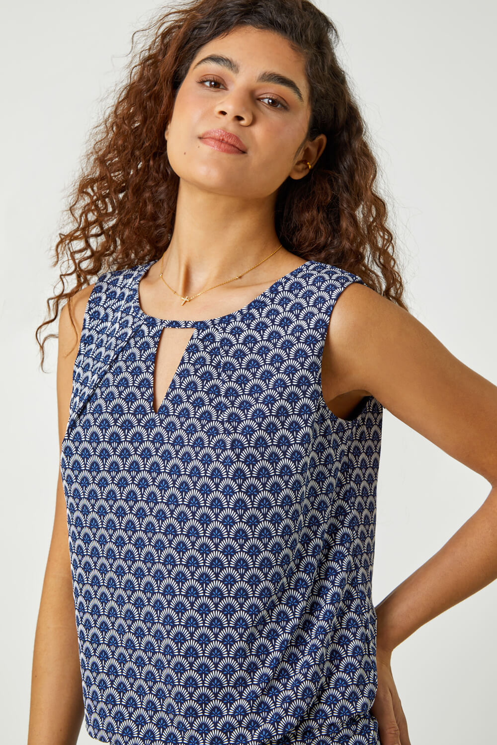 Blue Geometric Print Blouson Stretch Top, Image 5 of 5