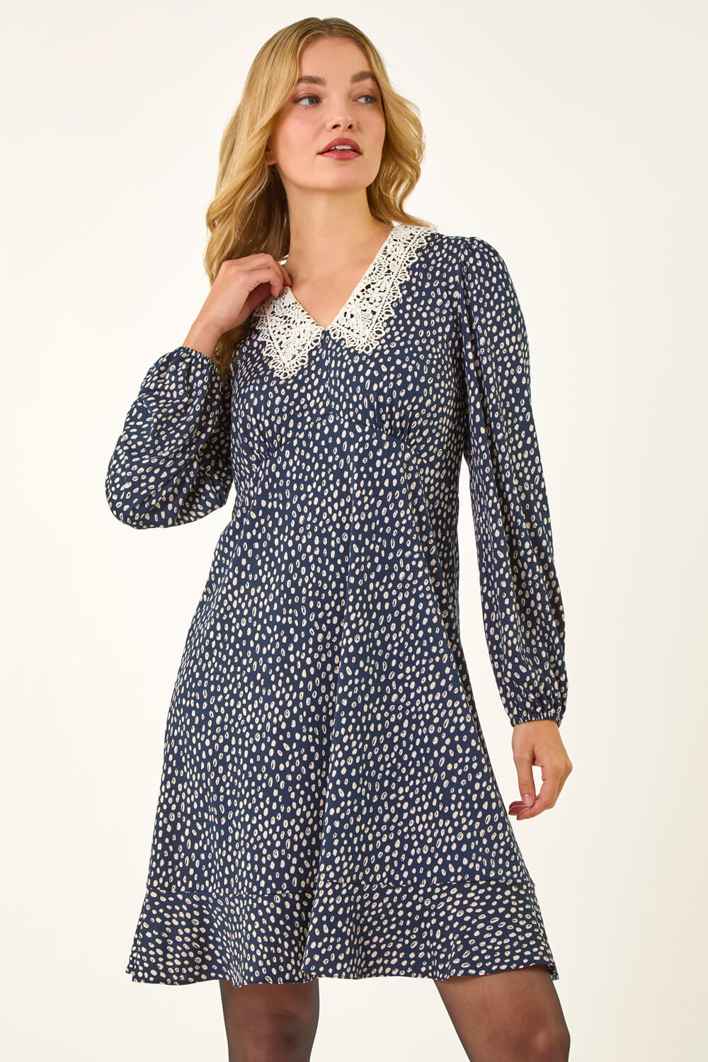 Navy  Dusk Lace Collar Spot Print Dress, Image 5 of 5