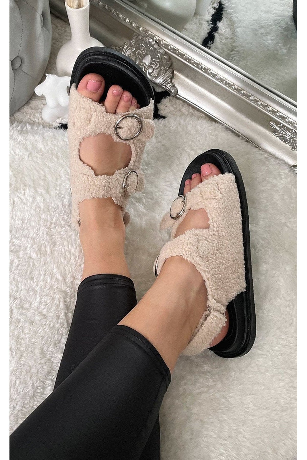 Black Zahra Faux Fur Double Buckle Sliders, Image 2 of 3