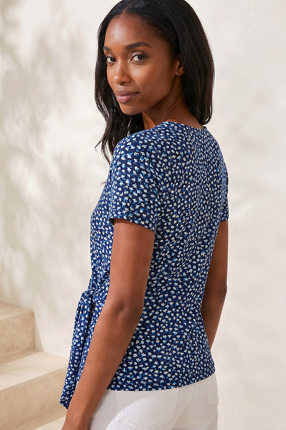 Navy Petite Spot Print Tie Side Top, Image 3 of 4