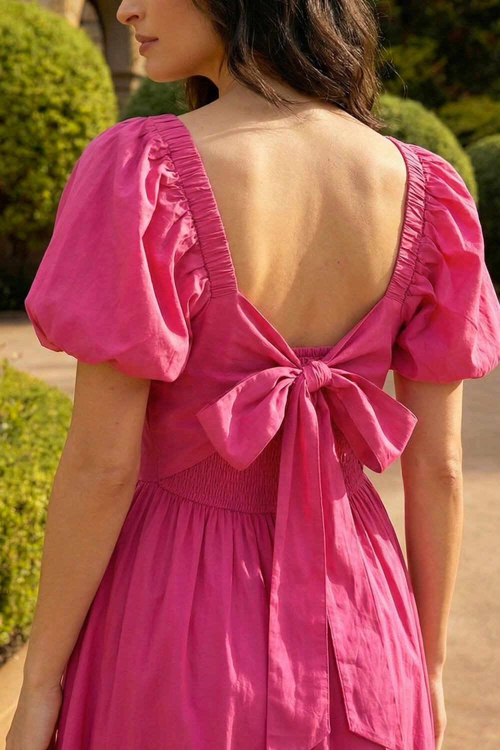 Pink Dusk Cotton Pleated Puff Midi Dress , Image 5 of 4