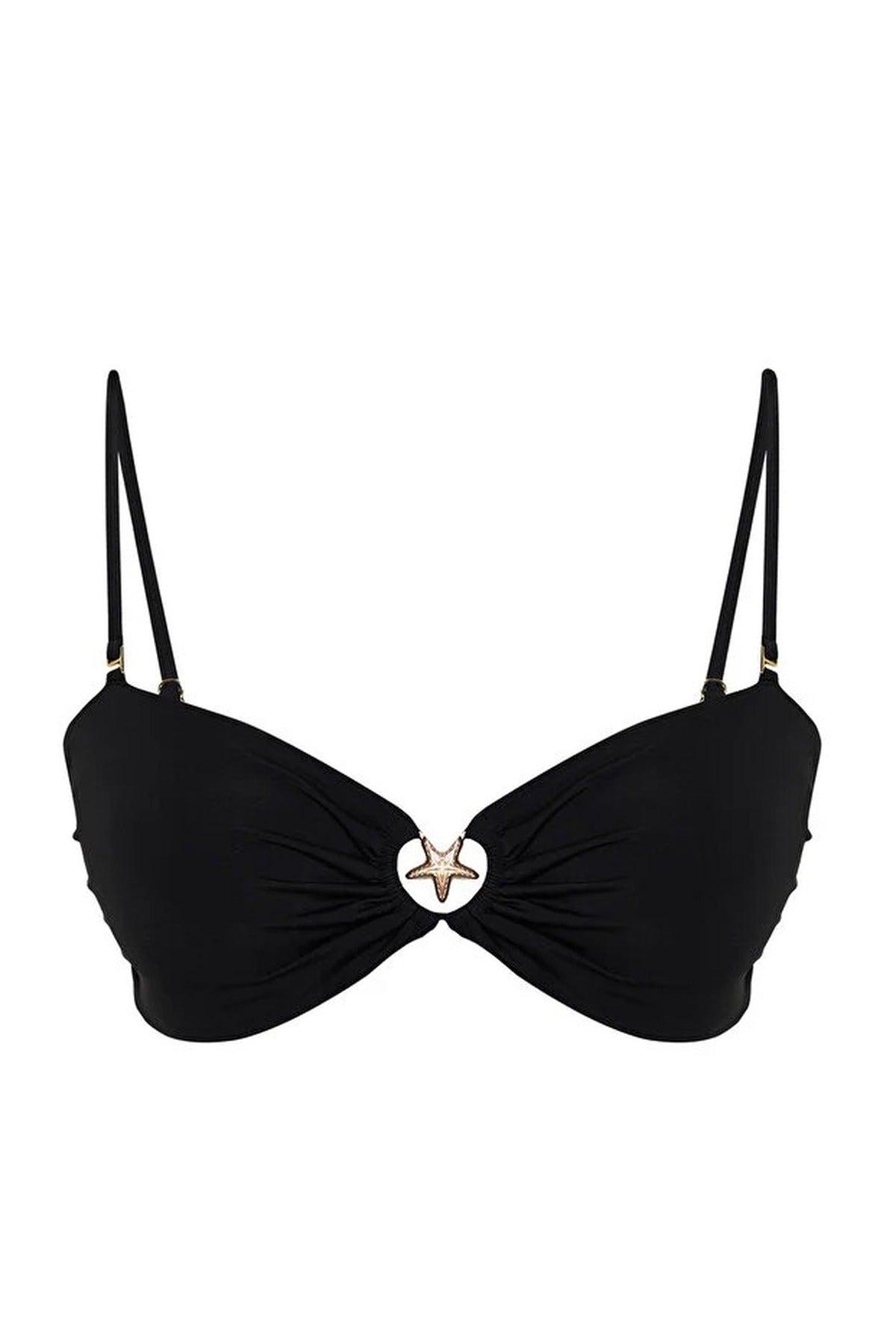 Black Ruched Bandeau Bikini Top with Ring Detail, Image 3 of 5