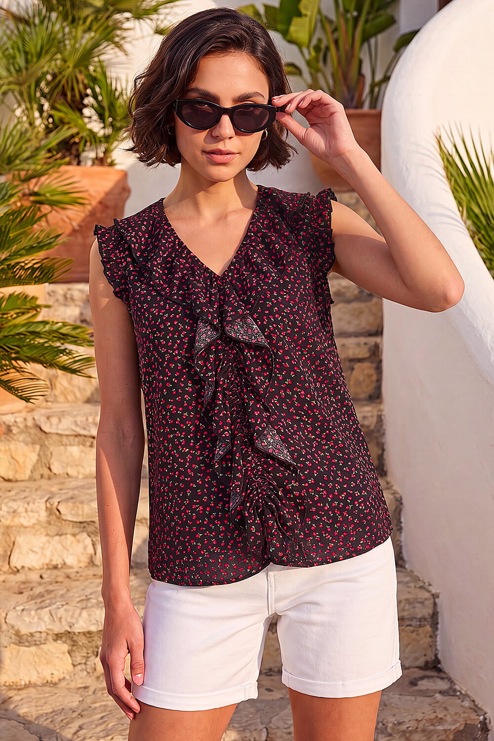 Black Floral Print Ruffle Front Top, Image 1 of 4