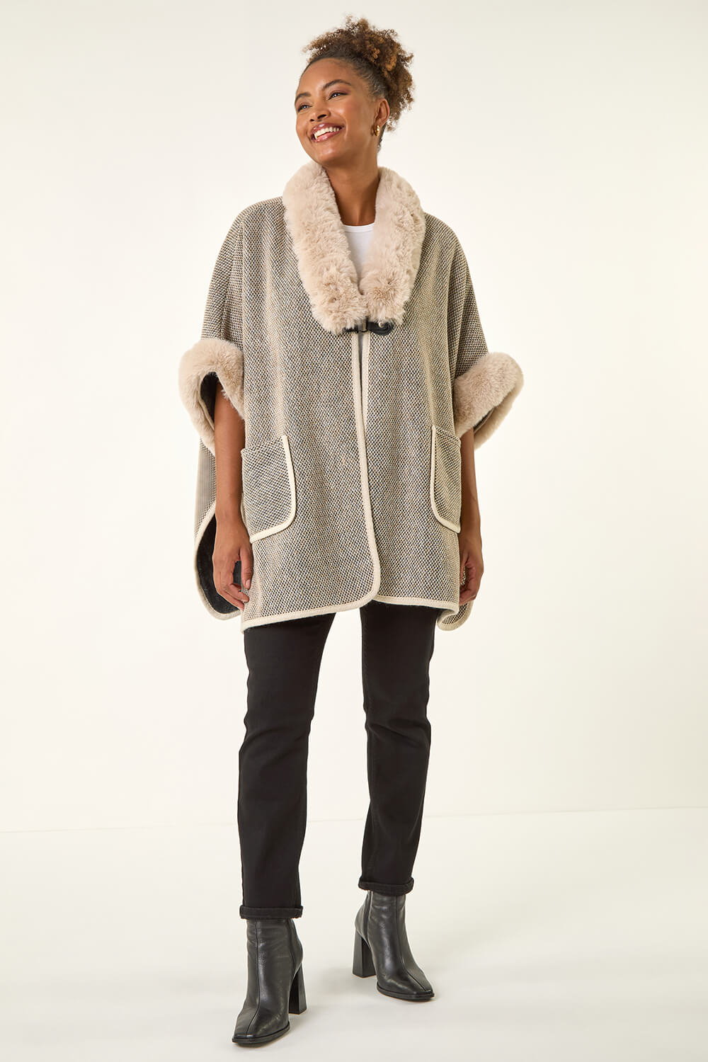 Light Grey Faux Fur Pocket Poncho, Image 3 of 5