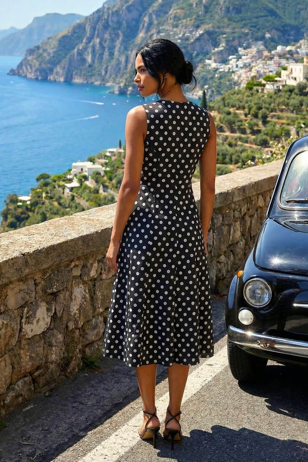 Black Polka Dot Panel Midi Dress, Image 4 of 4