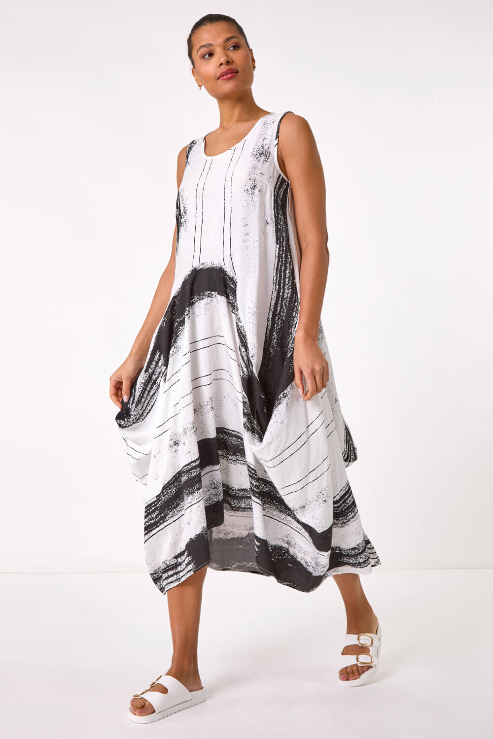 White Abstract Print Bubble Midi Dress, Image 3 of 5