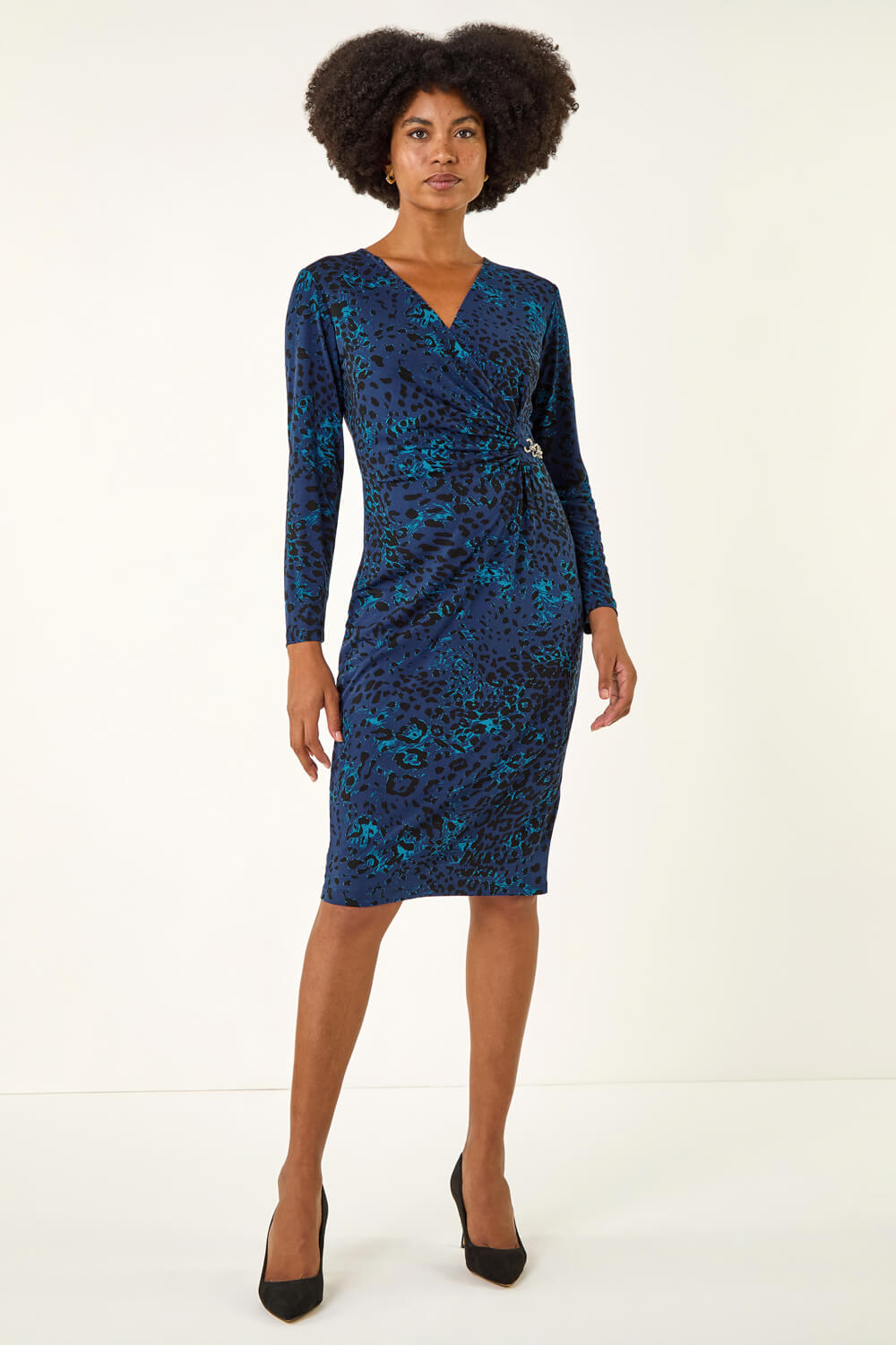 Blue Animal Print Chain Detail Dress, Image 3 of 5