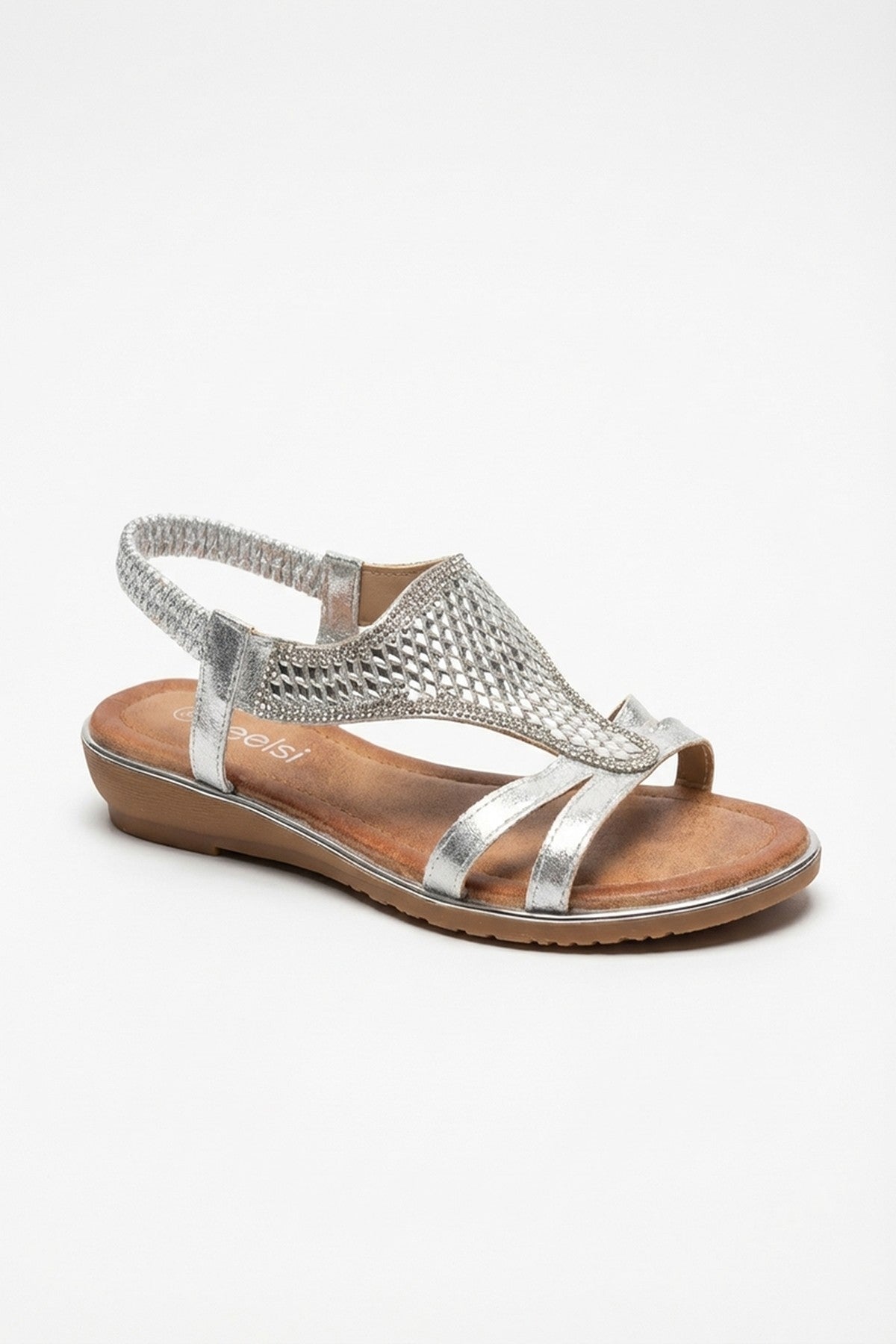 Silver Amelia Womens Rhinestone Strappy Flat Sandals, Image 4 of 6