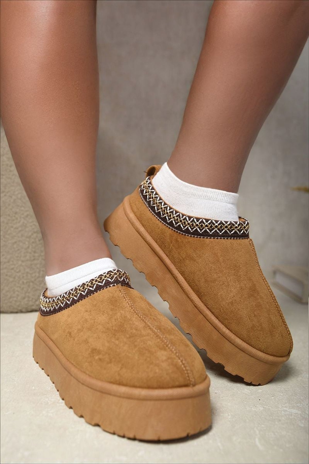 Brown iKrush Brown Jolene Aztec Detail Low Ankle Platform Slipper Boots, Image 7 of 8