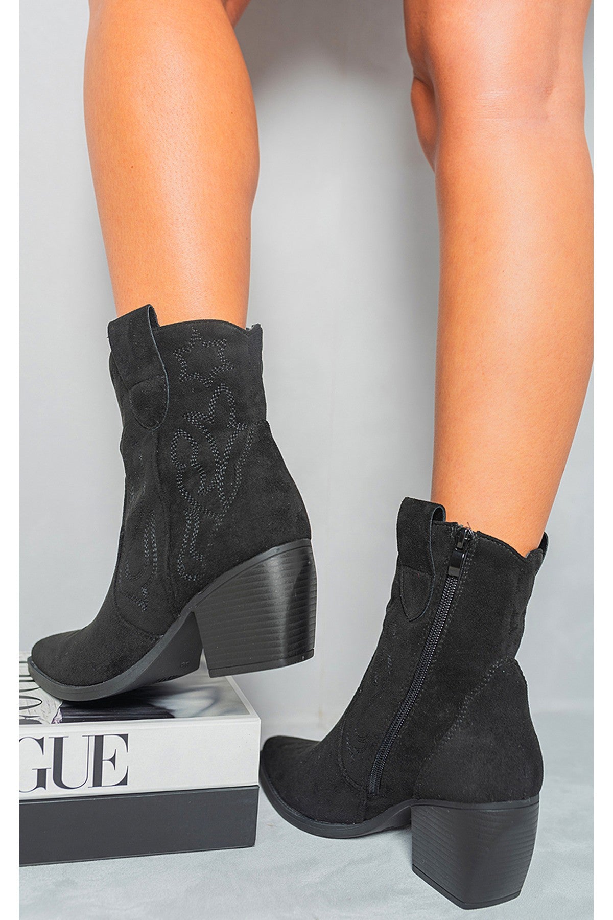 Black iKrush Black Laura Suede Cowboy Ankle Length Boots, Image 2 of 8