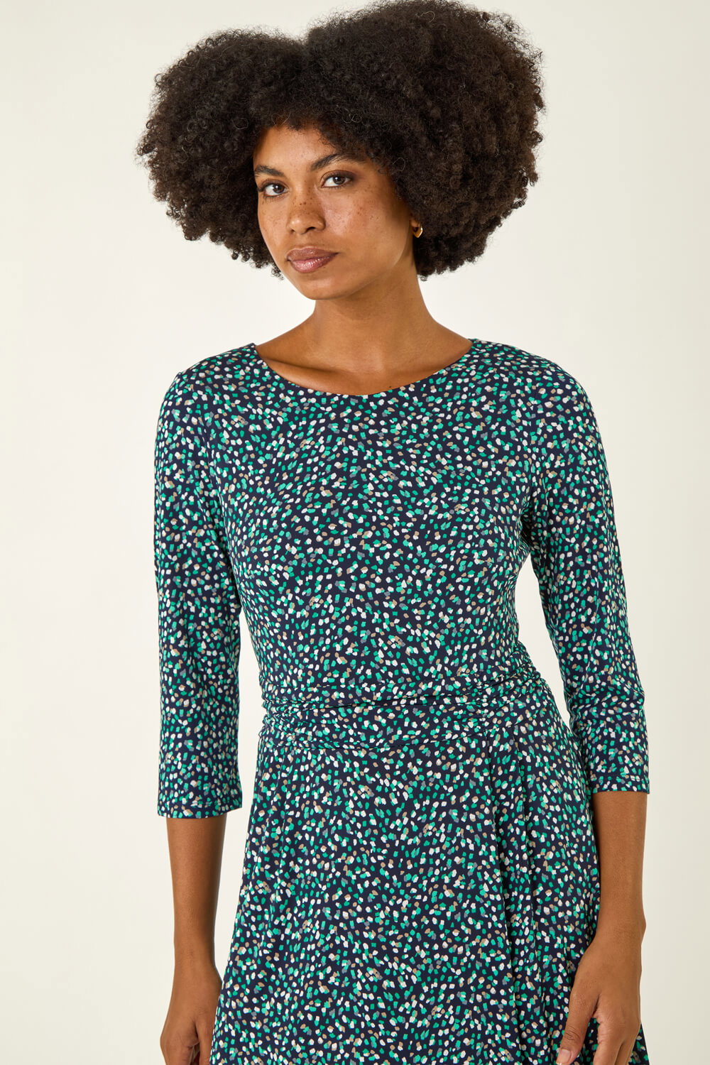 Green Abstract Print Gathered Stretch Midi Dress, Image 5 of 5