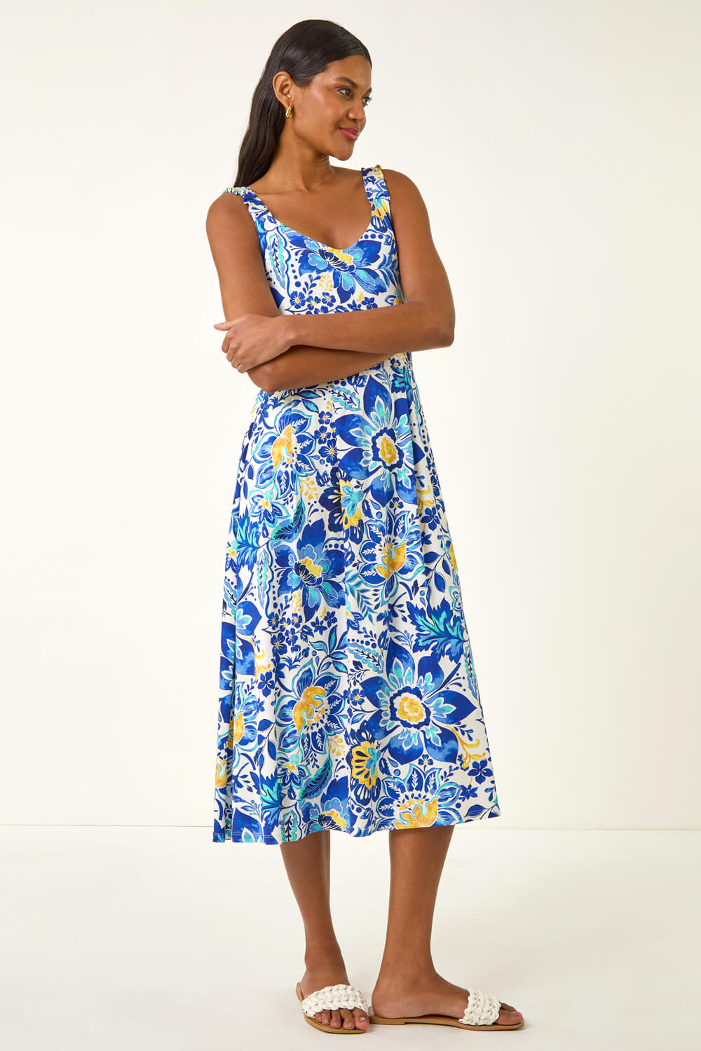 Roman Women's Blue Floral Print Strap Detail Midi Dress Size 16