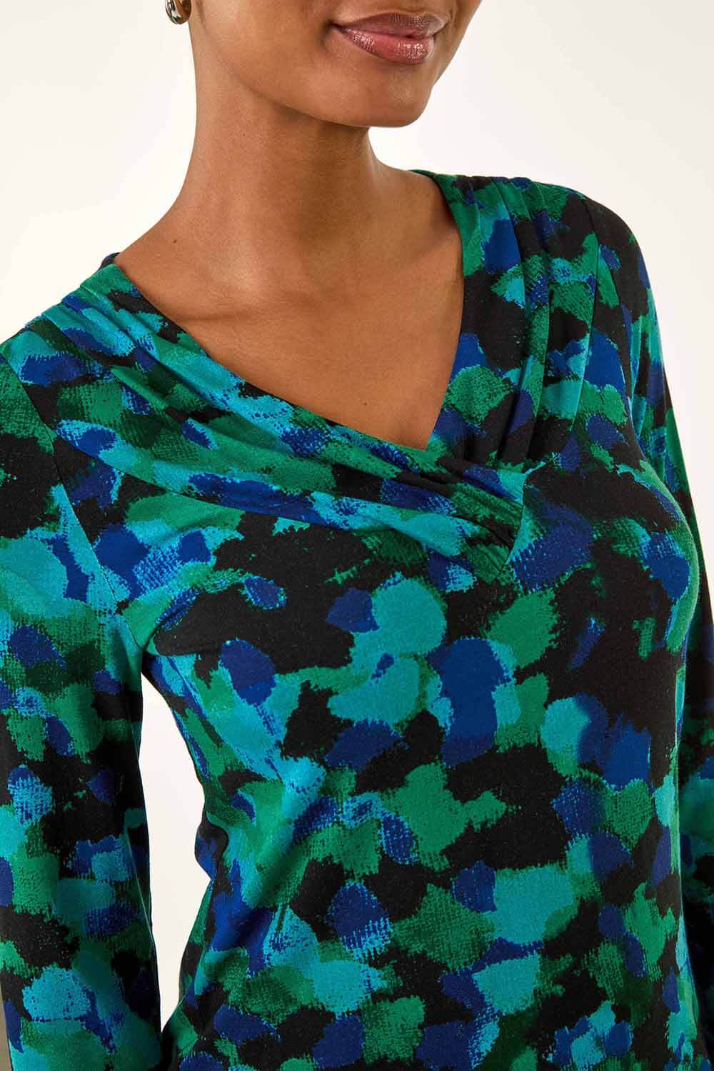 Green Printed V-Neck Stretch Top, Image 6 of 5