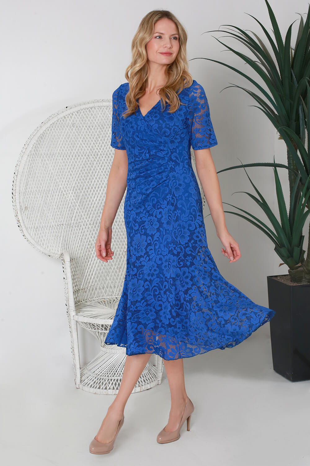 Royal Blue Julianna Wrap Front Lace Midi Dress, Image 3 of 4
