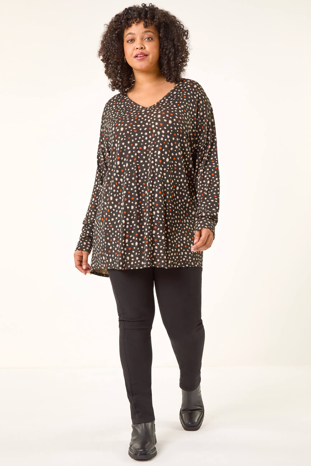 Black Curve Spotted V-Neck Stretch Top, Image 3 of 5