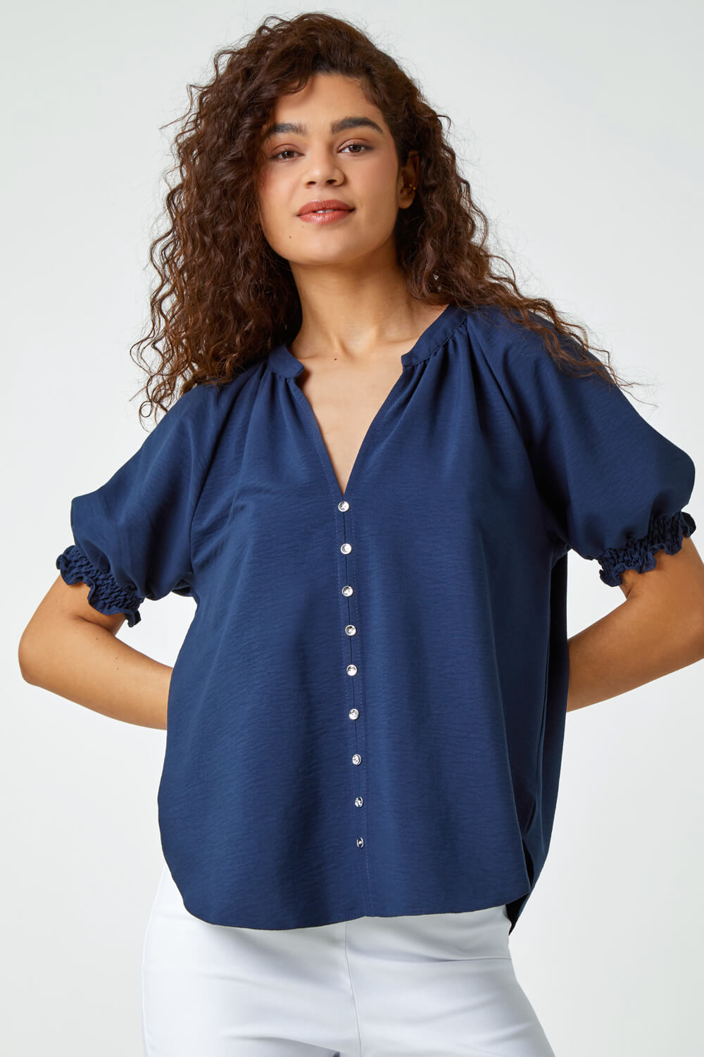 Navy Puff Sleeve Button Up Detail V-Neck Blouse, Image 3 of 5