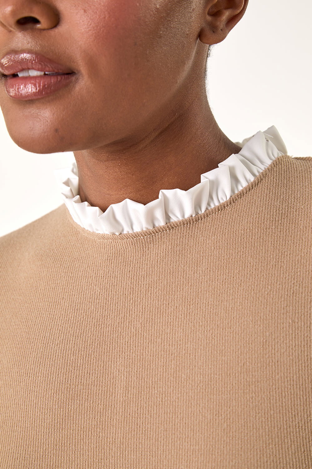 Camel  Frill Neck Contrast Jersey Top, Image 6 of 5