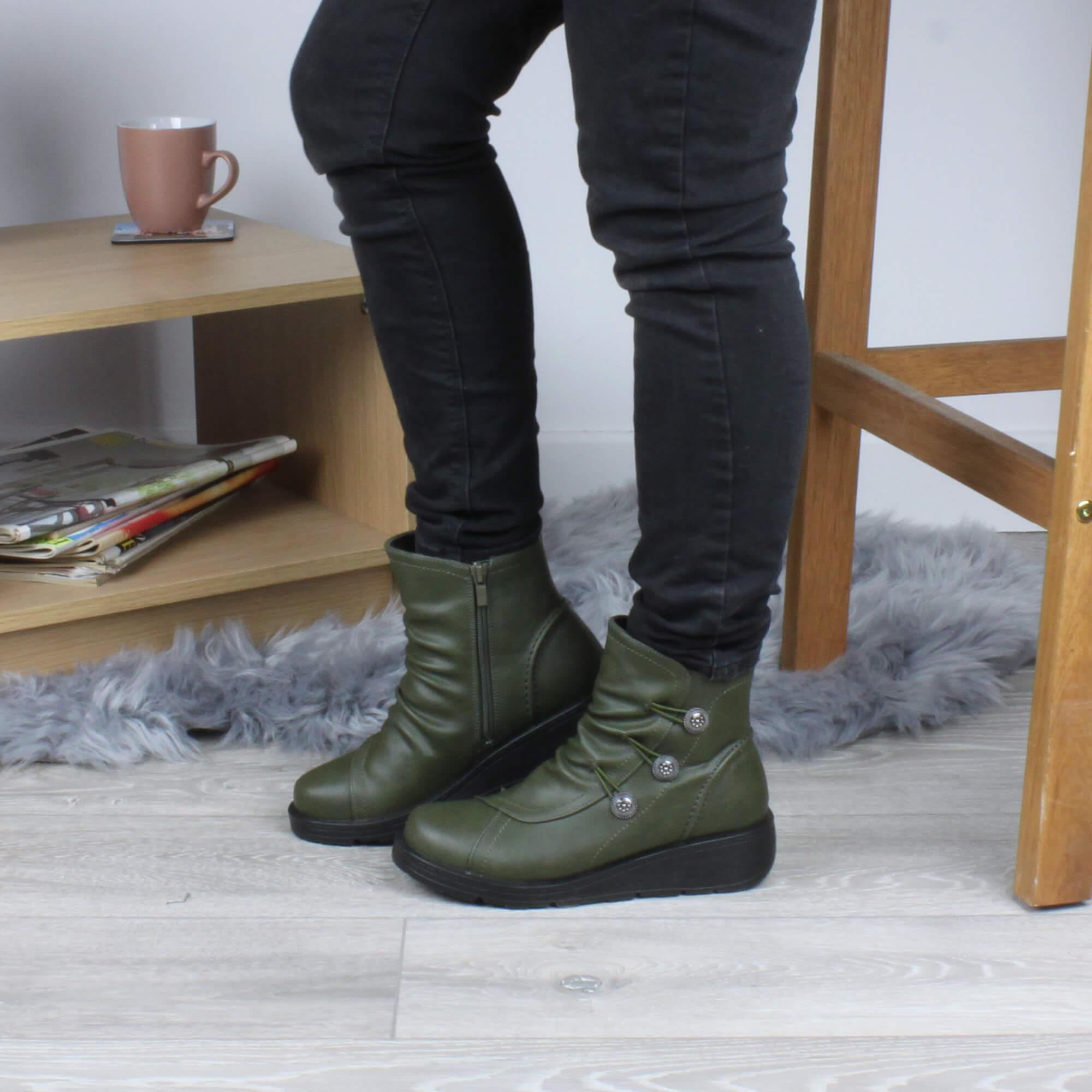 Khaki AJVANI Khaki Low Wedge Comfort Button Ankle Boots, Image 5 of 6