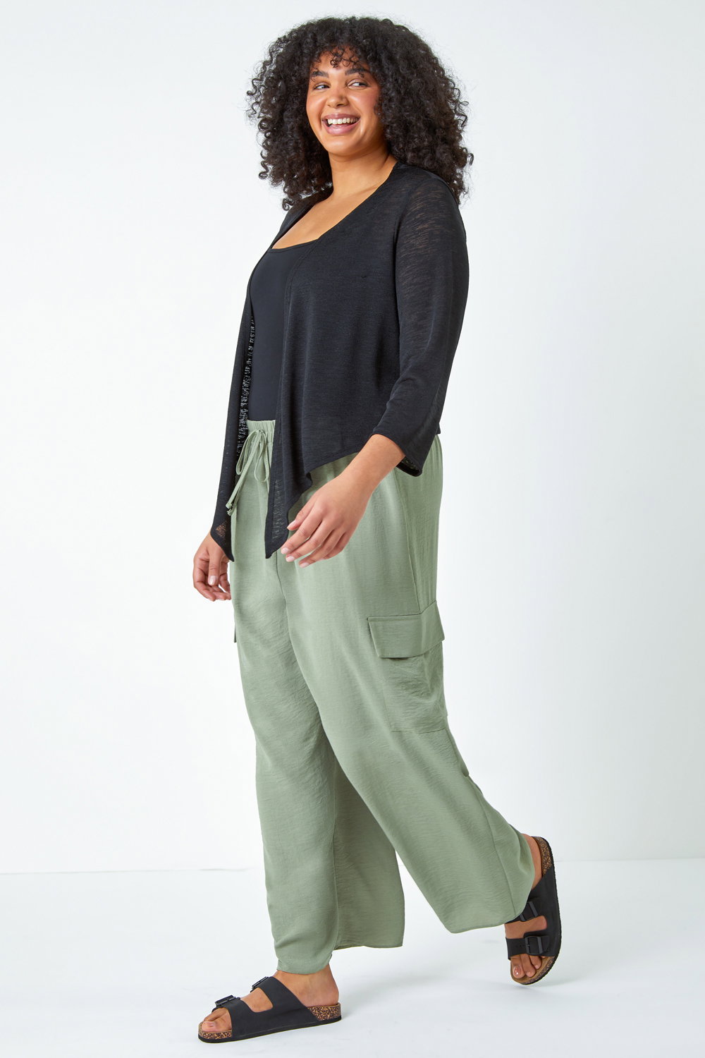 Black Curve Tie Front Stretch Cropped Cardigan, Image 3 of 5