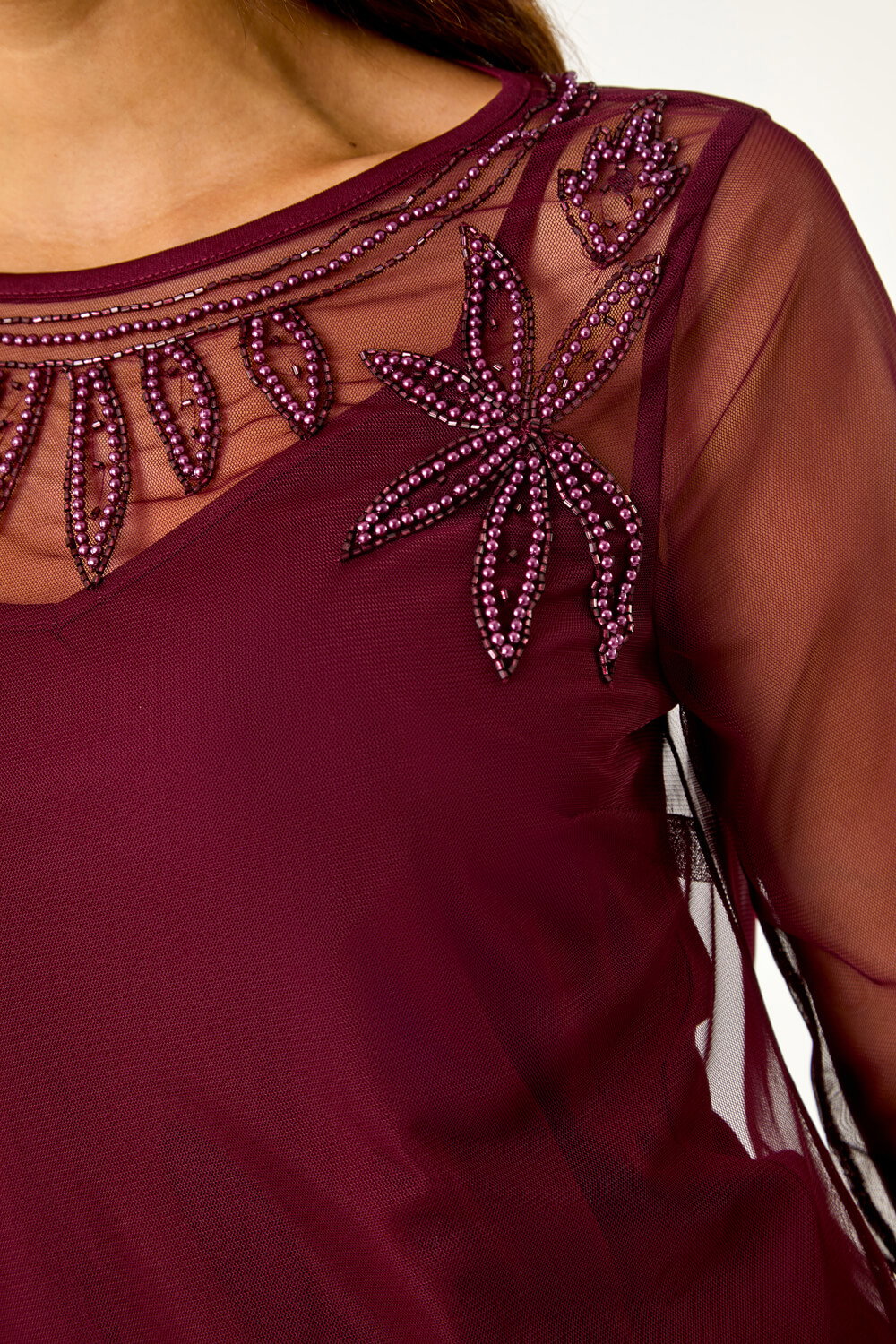 Wine Embellished Sequin Mesh Top, Image 6 of 5