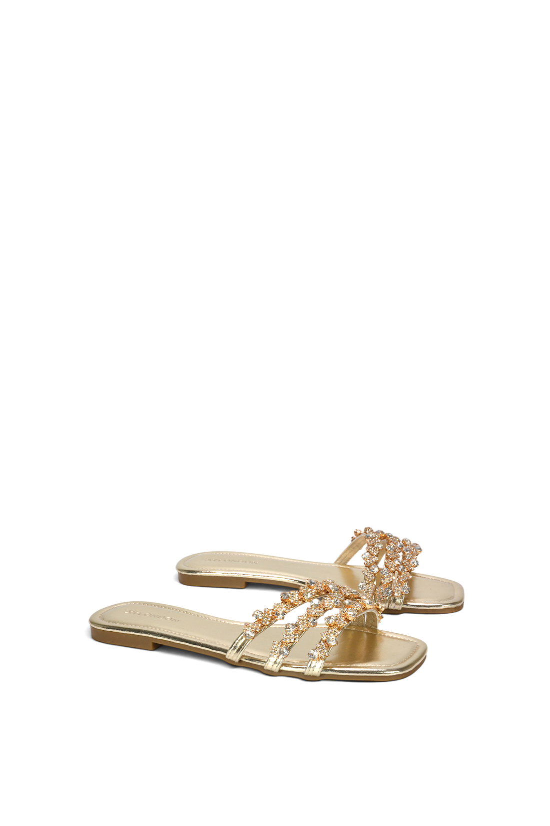 Gold XY LONDON Gold Flat Diamante Strappy Slider Sandals With Square Toe, Image 3 of 6