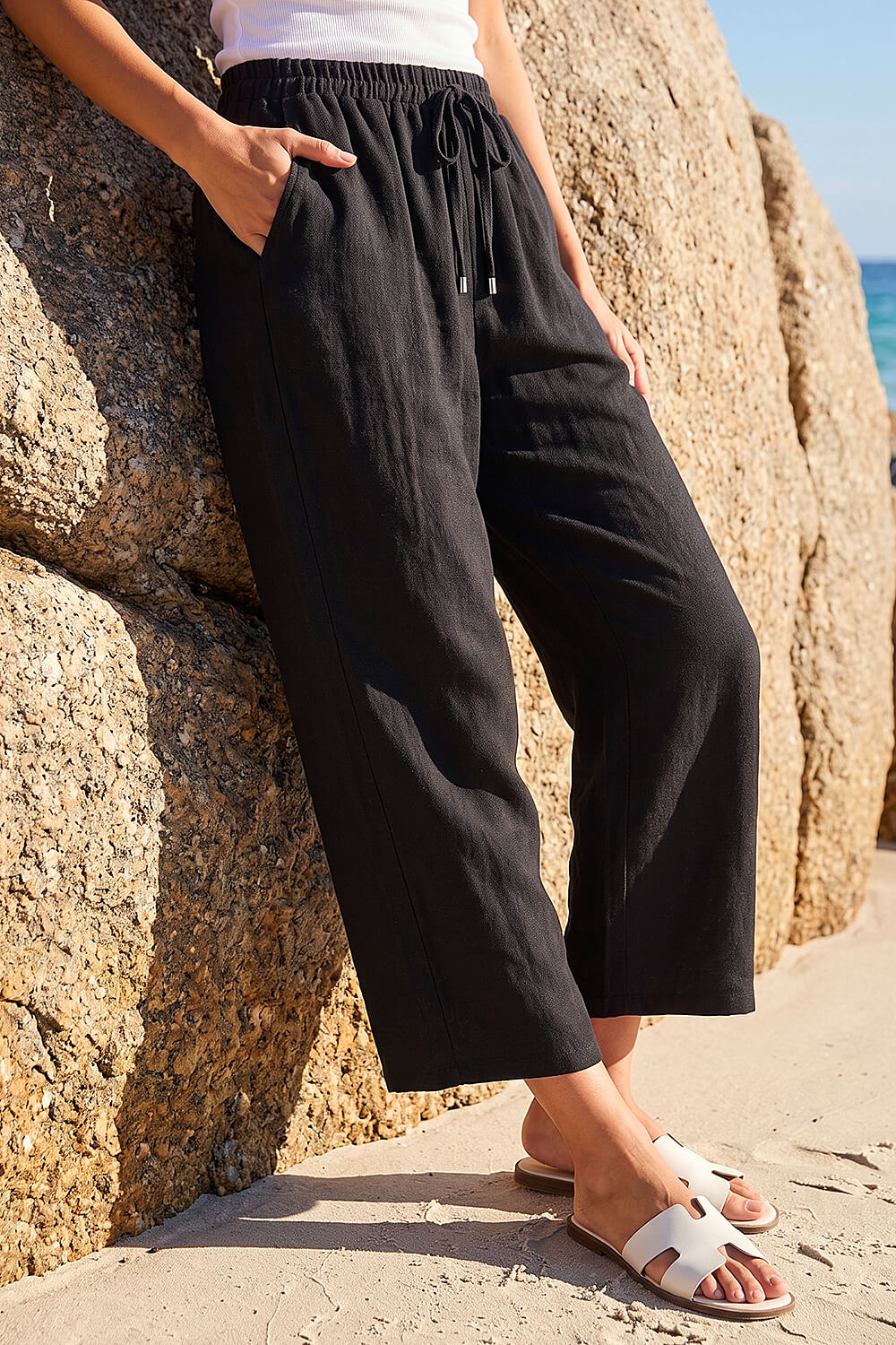 Black Cropped Linen Blend Trouser, Image 1 of 4