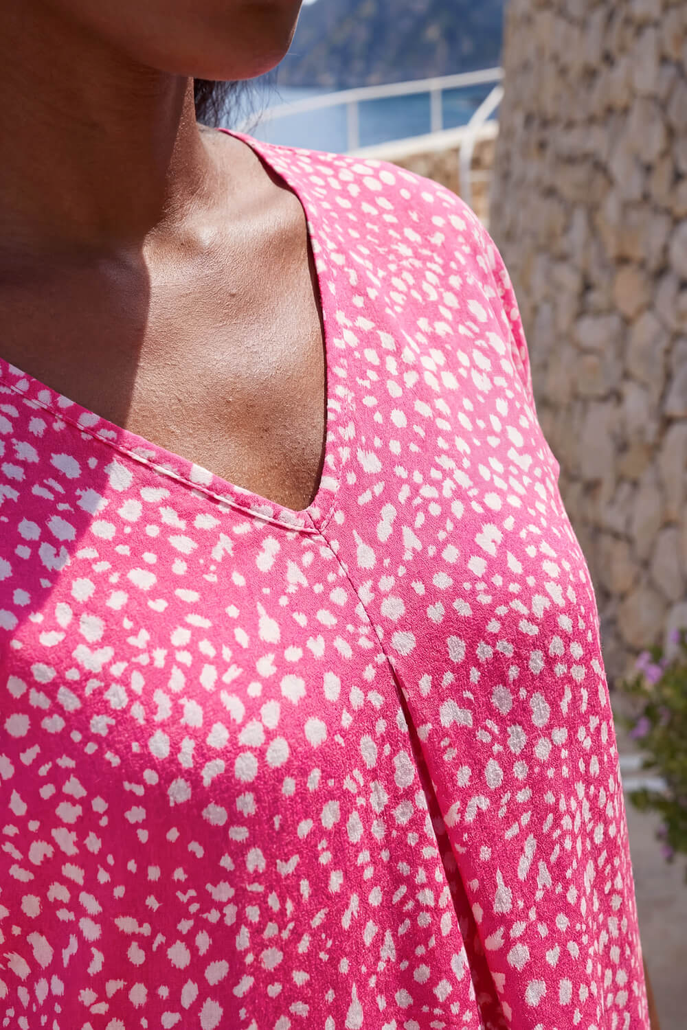 Pink Spot Print V-Neck Pleat Front Top, Image 5 of 4