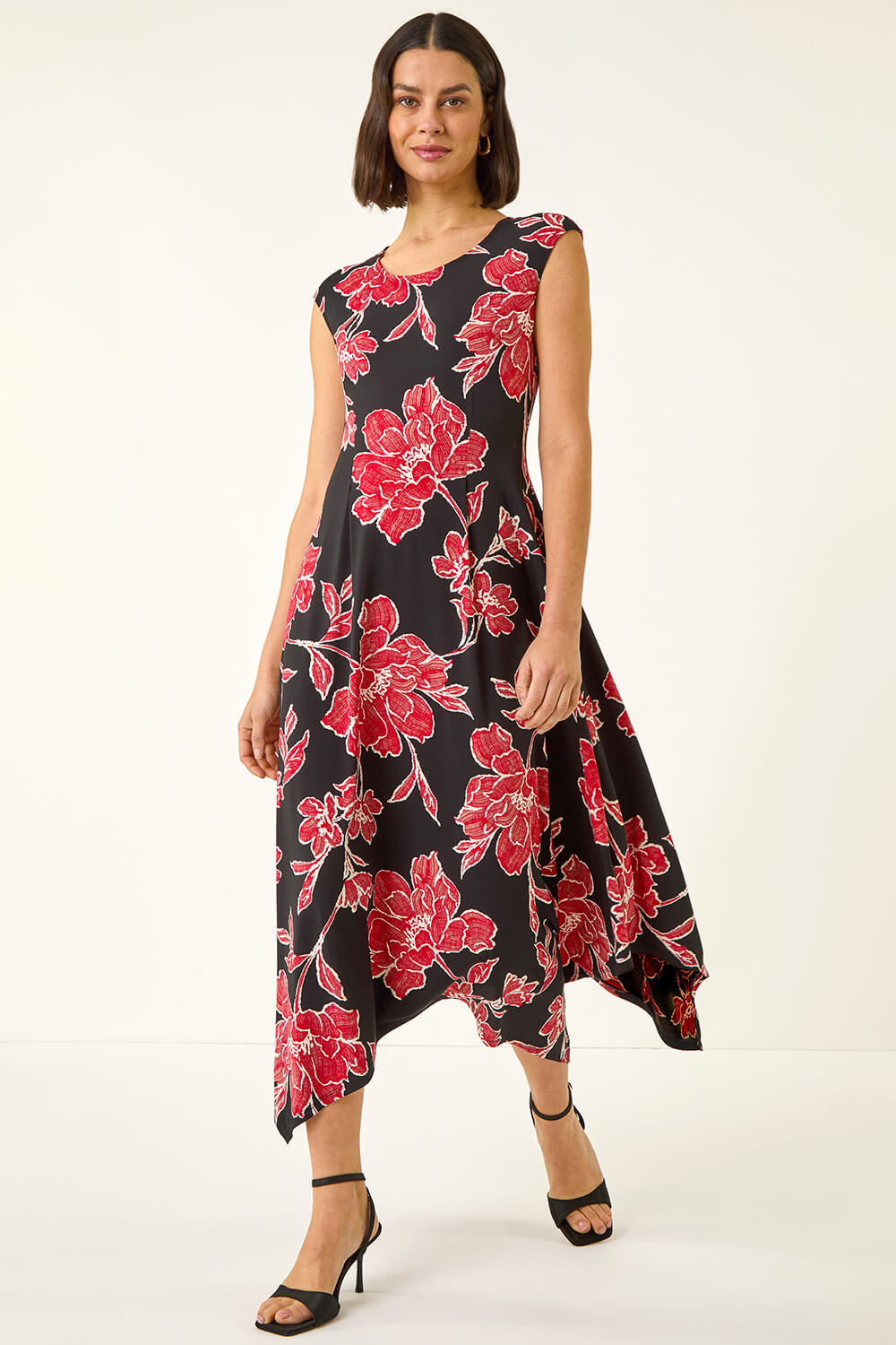 Black Floral Print Stretch Midi Dress, Image 1 of 5