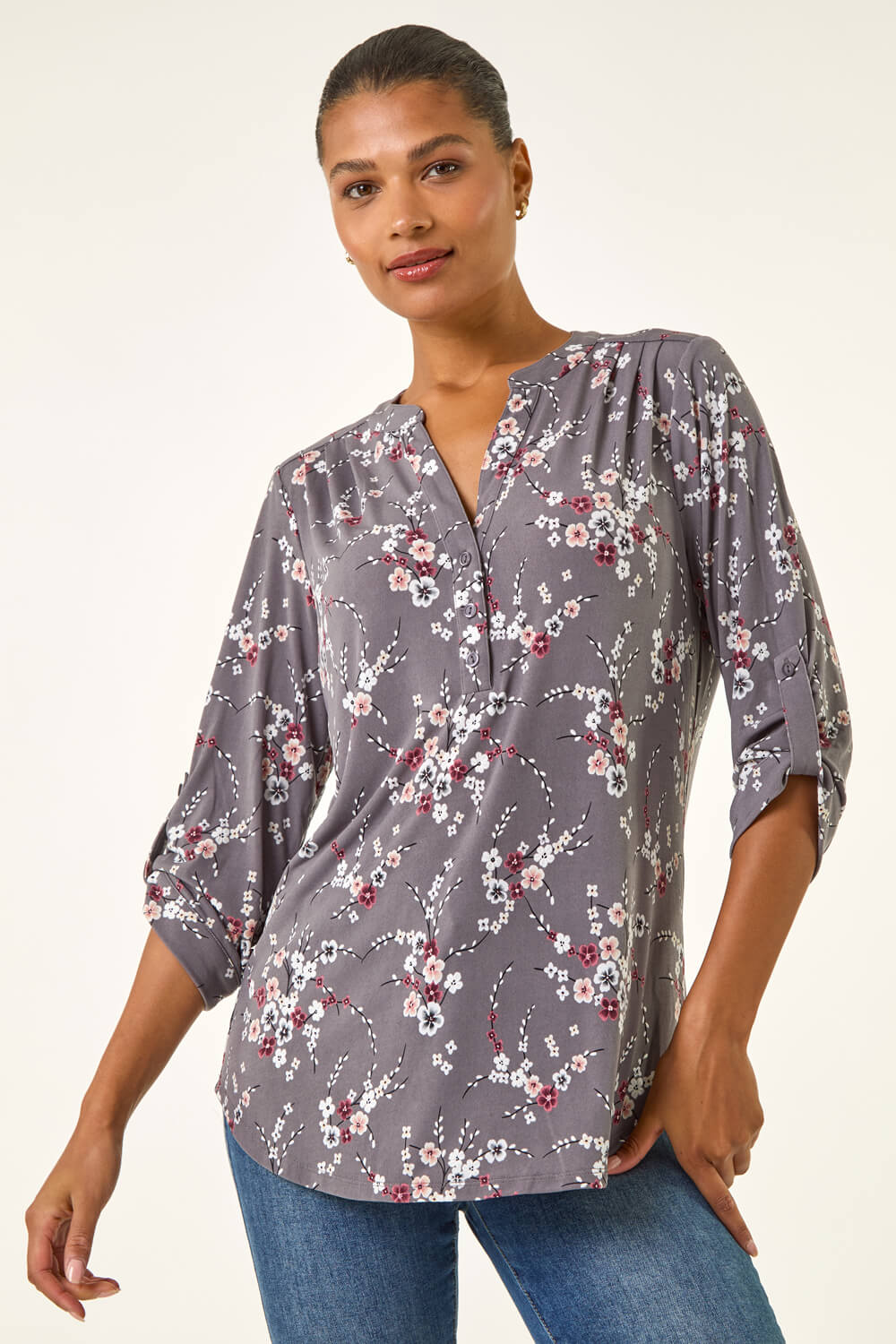 Grey Floral Puff Print Stretch Shirt, Image 1 of 5