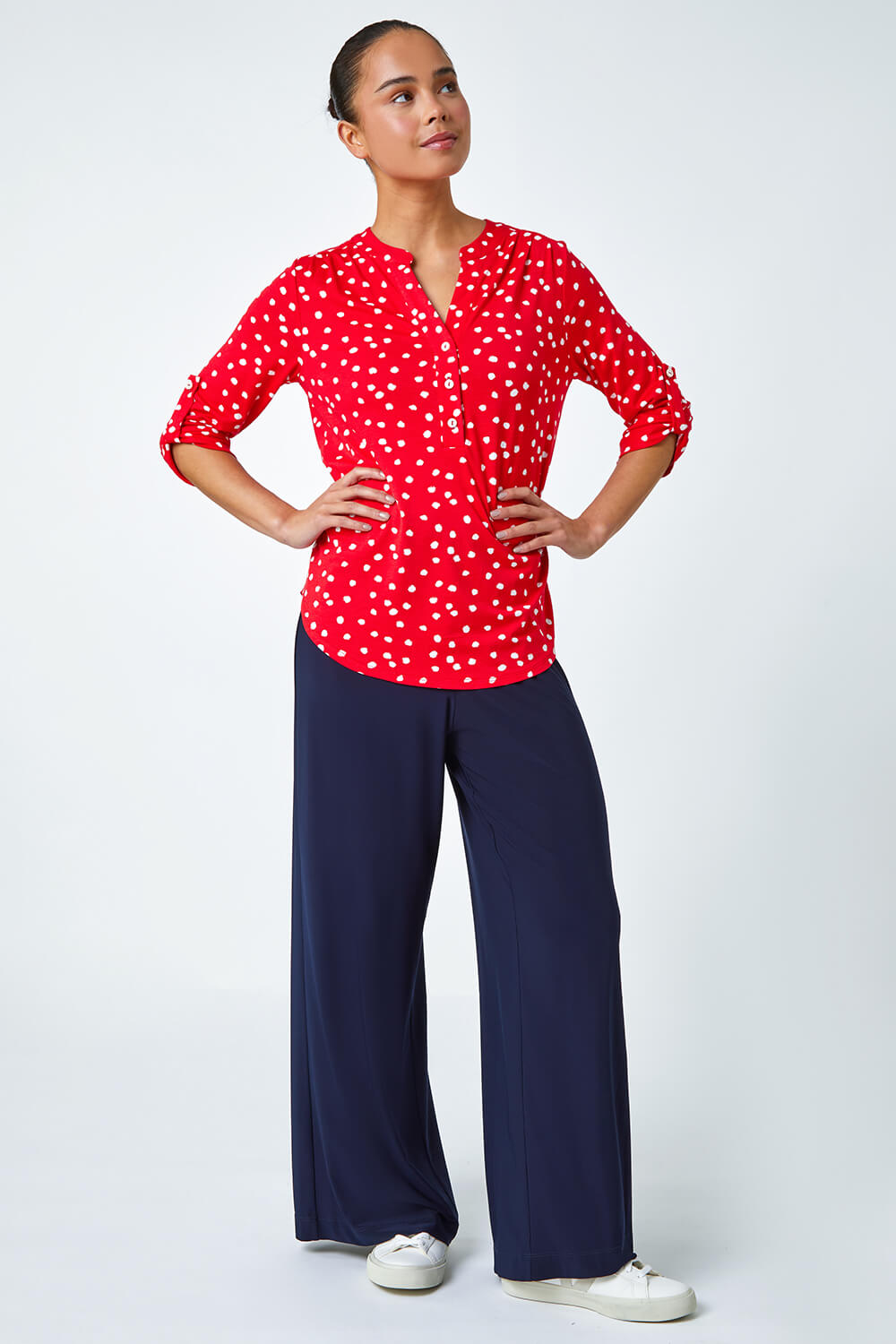 Red Petite Polka Dot Stretch Button Detail Shirt, Image 5 of 5