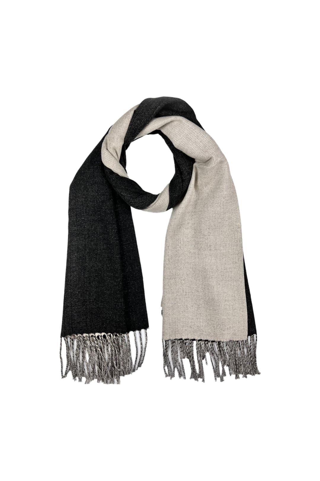 Black Reversible Two-Tone Cashmere Blend Scarf With Tassels, Image 2 of 4
