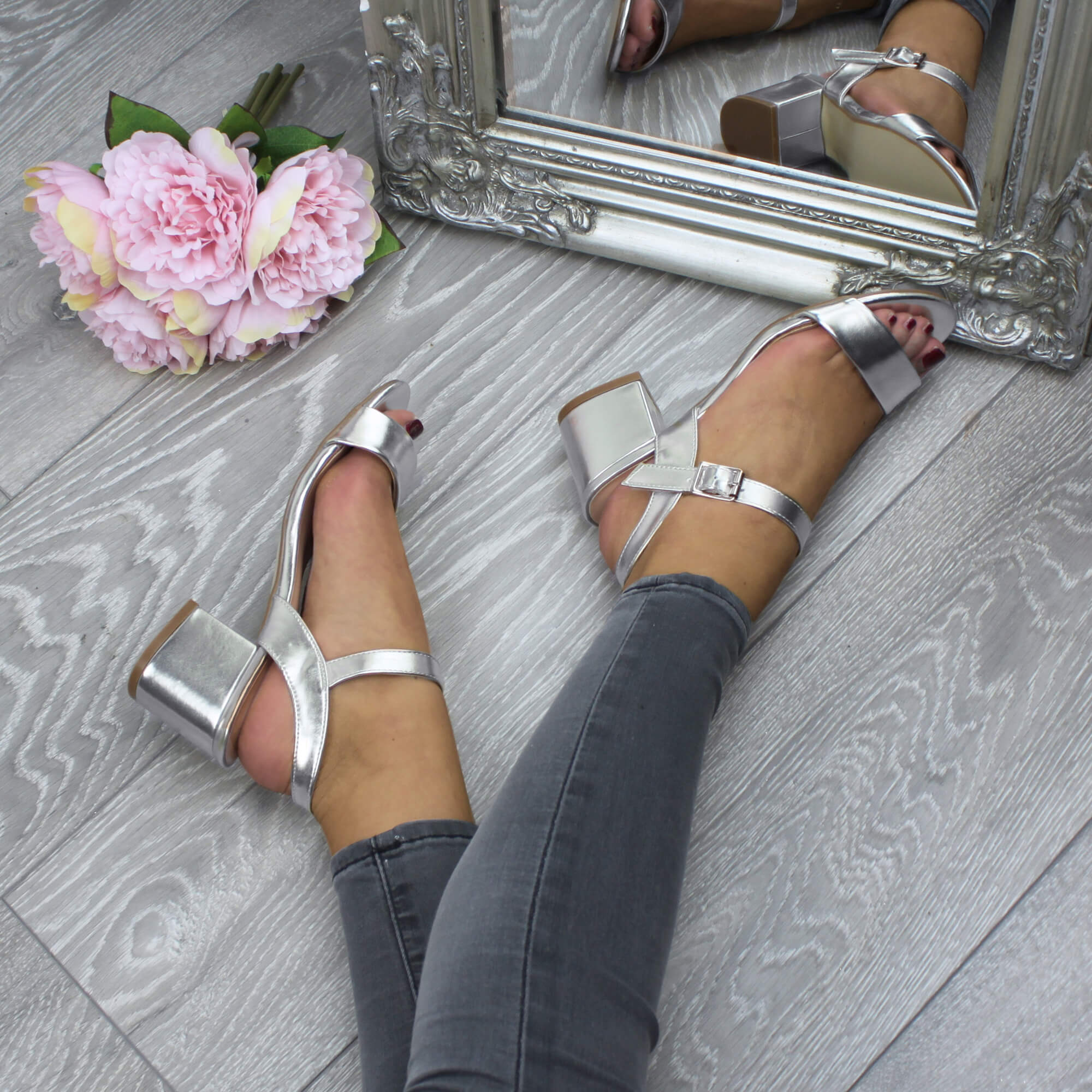 Silver AJVANI Silver Mid Block Heel Strappy Sandals, Image 5 of 6